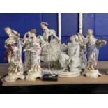 20th cent. German polychrome and gilt porcelain Volkstedt figurines, spill holders, classical muses,