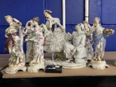 20th cent. German polychrome and gilt porcelain Volkstedt figurines, spill holders, classical muses,