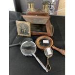 Late 19th/Early 20th cent. Optical: Treen framed magnifying glass A/F, chrome example, folding