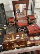 19th/20th cent. Chinese Boxes: Hardwood with jade panels, a carved cinnabar lacquer box, an inlaid