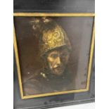 20th cent. Miscellaneous pictures, Rembrandt copy of the Man in the Golden Helmet, plus two prints.