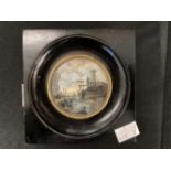 19th cent. Continental miniature harbour scene in ebonised frame with description in pencil on
