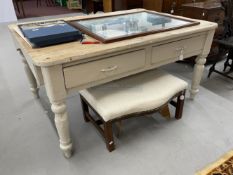 19th cent. French scrubbed pine plank top table, on turned supports, two drawers, and extender