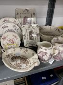 20th cent. Ceramics: Masons Watteau bowls x 2, two handle dish, teapot stand, soap dish, jugs x 2,