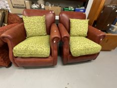 20th cent. Brown leather club armchairs, Thomas Lloyd, with squab fabric cushions. A pair.