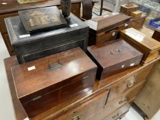 Tea Caddies & Boxes: 19th cent. Rosewood tea caddy, late Georgian tea caddy, ebonised and brass