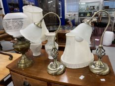 20th cent. Table lamps x 2, a brass lamp, and Blanc de Chine pottery lamps x 2. (5)