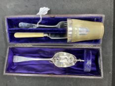 Corkscrews/Wine Collectables: Picnic set, hallmarked silver fork, spoon, bone handled knife,