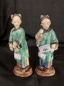 Early 19th cent. Chinese terracotta figures, man and woman dressed in polychrome kimono. Approx.