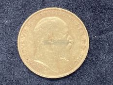Gold Coins: Edward VII 1908 Half Sovereign. Weight 3.9g.