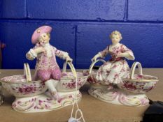 19th/20th cent. Meissen figure group, basket salts, manganese and gilt girl with flowers seated on