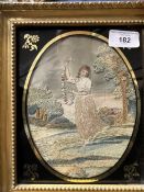 Regency silk work picture of a young girl dancing with verre eglomise surround in a gilt frame. 8ns.