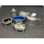 Hallmarked Silver: Six pieces of condiments, three mustard pots, two salts, and one pepper pot, with