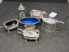 Hallmarked Silver: Six pieces of condiments, three mustard pots, two salts, and one pepper pot, with