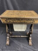 Chinese export lacquer black and gilt sewing table c1850. The lid lifts to reveal compartments for