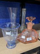 20th cent. Art Glass: Pink geometric bottle, blue wheel engraved with Nordic 6ins, plus two clear