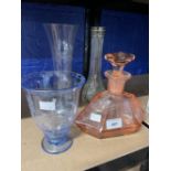 20th cent. Art Glass: Pink geometric bottle, blue wheel engraved with Nordic 6ins, plus two clear