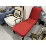 20th cent. Red upholstered chaise longue, plus a single French Louis style armchair. (2)