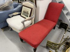 20th cent. Red upholstered chaise longue, plus a single French Louis style armchair. (2)