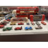 Toys: Collection of unboxed Scalextric type cars, 'Box' Jaguars, Oxford and London buses, etc.