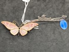 White metal Scandinavian silver one pink enamelled butterfly (David Anderson style) plus one in