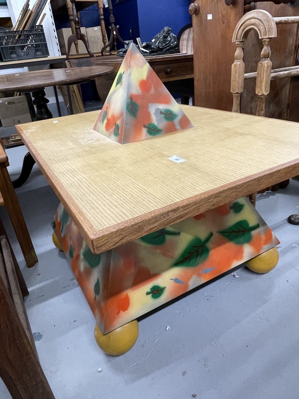 Modern Art: John Gormley designed coffee table with stencilled design and pyramid to he table top.