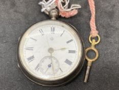 Silver open faced pocket watch, white dial, black Roman numerals, second hand chapter ring at 6 o