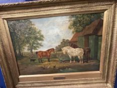19th cent. English School: Oil on canvas. Horses, a dog and fowl in a farmyard, in the style of