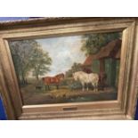 19th cent. English School: Oil on canvas. Horses, a dog and fowl in a farmyard, in the style of