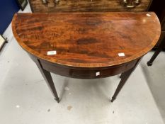 19th cent. Mahogany cross banded demi lune games table. 36ins.