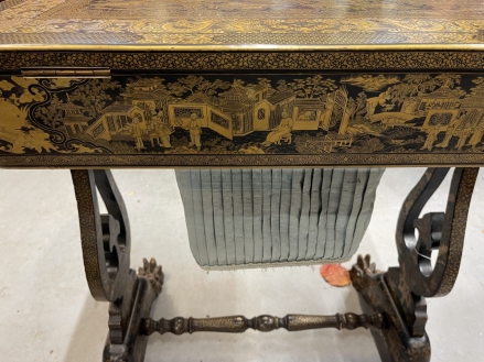 Chinese export lacquer black and gilt sewing table c1850. The lid lifts to reveal compartments for - Image 11 of 11