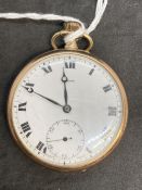 Hallmarked 9ct gold Renown open faced pocket watch, white dial, black Arabic numerals, second hand