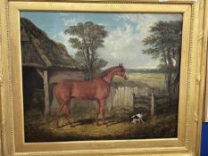 19th cent. English School: Oil on canvas Farmyard Study Horse and Dog, in the style of Herring