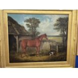 19th cent. English School: Oil on canvas Farmyard Study Horse and Dog, in the style of Herring