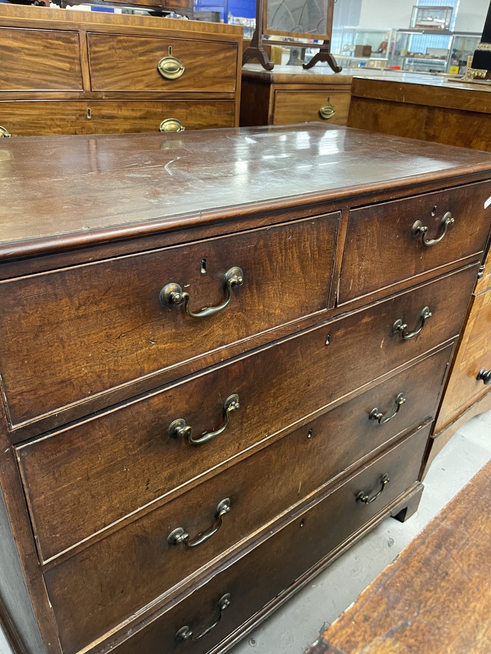 18th cent. Mahogany chest of two over three drawers. 43ins. x 23ins. x 42ins.