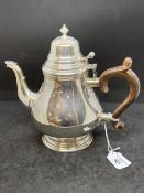 Hallmarked Silver: Coffee pot, hinged cover, wooden scroll handle. Hallmarked London, 1971. Weight
