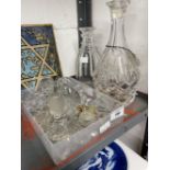 20th cent. Glass: Three ring neck decanter, large quantity of miscellaneous glass decanter