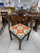 Early 20th cent. Carved oak corner chair with bobbin turned legs, upholstered carpet seat, the