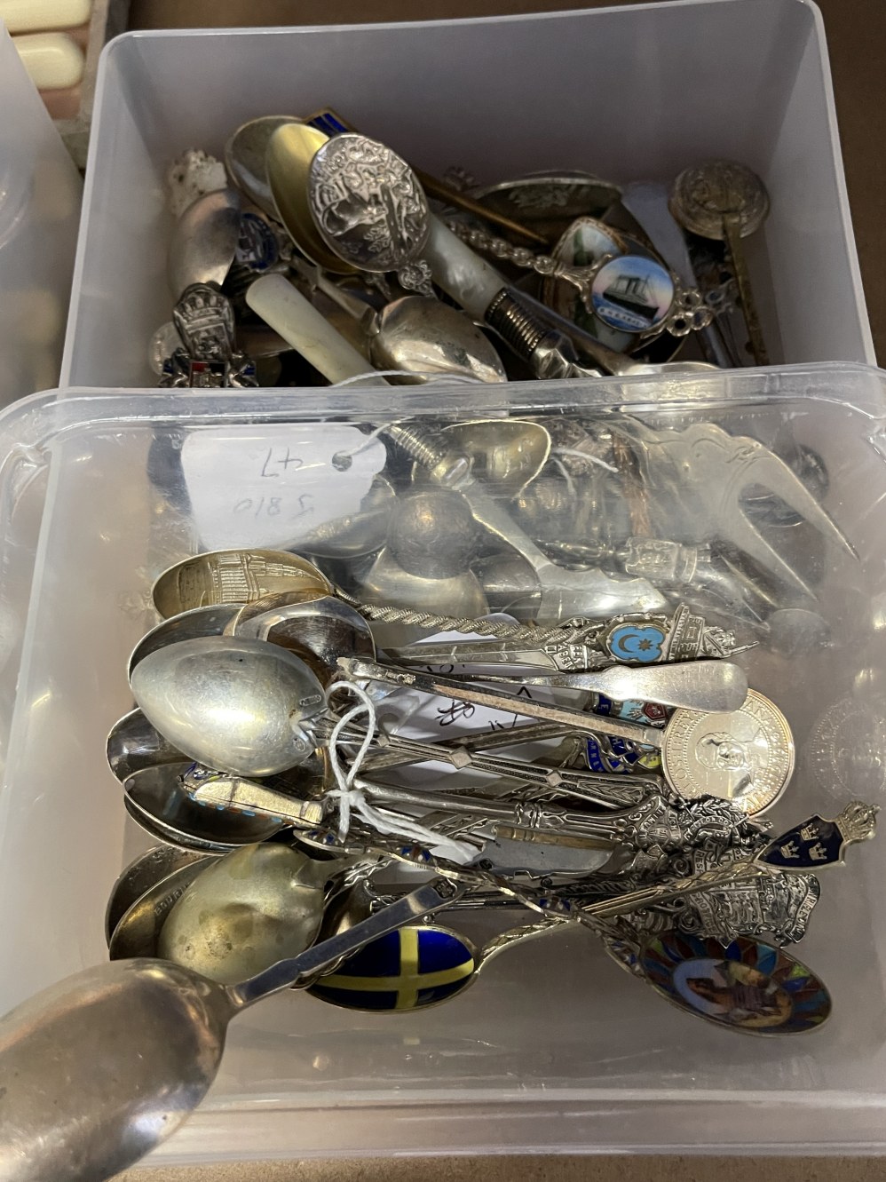 A collection of silver plated town spoons, plus other spoons. Thirty-seven in total. Plus a