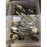 A collection of silver plated town spoons, plus other spoons. Thirty-seven in total. Plus a