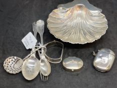 Hallmarked Silver: Butter dish, pill box, Vesta case, two spoons, napkin ring, etc. Various