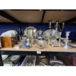 Silver Plated Ware: Items to include gallery tray, salver, teapot, coffee pot. Candelabra,