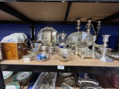 Silver Plated Ware: Items to include gallery tray, salver, teapot, coffee pot. Candelabra,