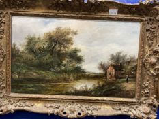 English School 19th cent. Oil on canvas, countryside scene, river by houses, bears indistinct