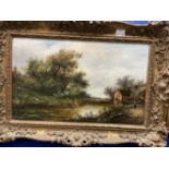 English School 19th cent. Oil on canvas, countryside scene, river by houses, bears indistinct