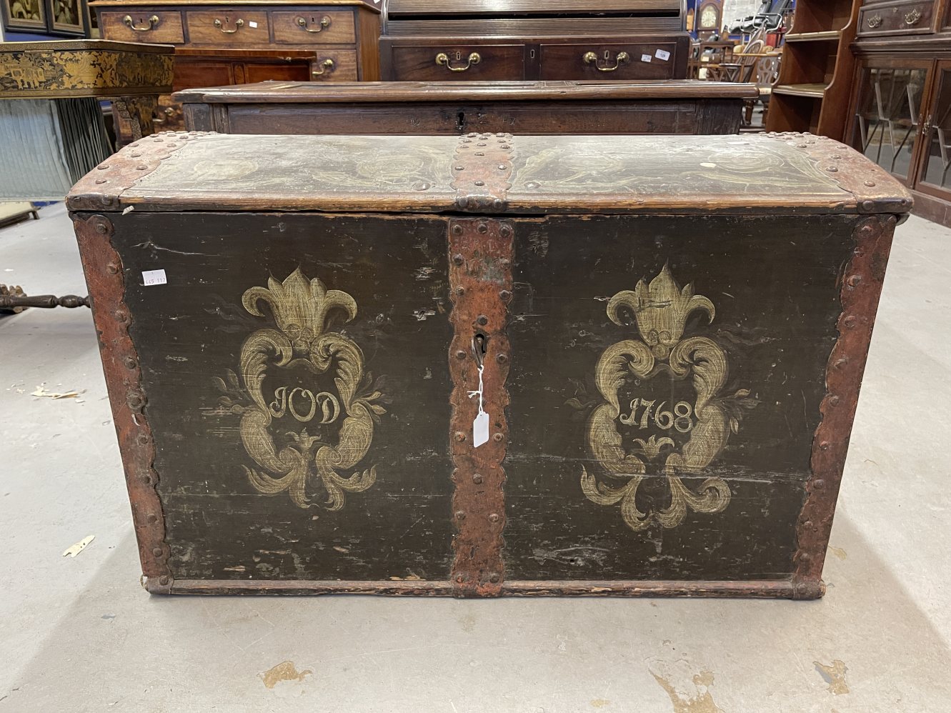 Late 18th cent. Scandinavian Folk Art: Marriage chest, painted dome with original decoration,