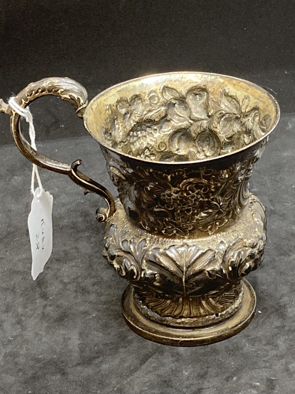 Hallmarked Georgian Silver: Christening cup, leaf and floral embossed decoration, with C scroll