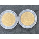 Numismatics, Coins, Bullion: Two uncirculated 1/10 Krugerand, 2012, 3.93 g. 22ct gold, 16.5mm, in