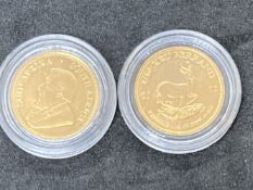 Numismatics, Coins, Bullion: Two uncirculated 1/10 Krugerand, 2012, 3.93 g. 22ct gold, 16.5mm, in
