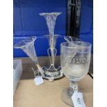 Late 19th/Early 20th cent. Glass: Miniature four branch, plate base epergne, stem wine glass